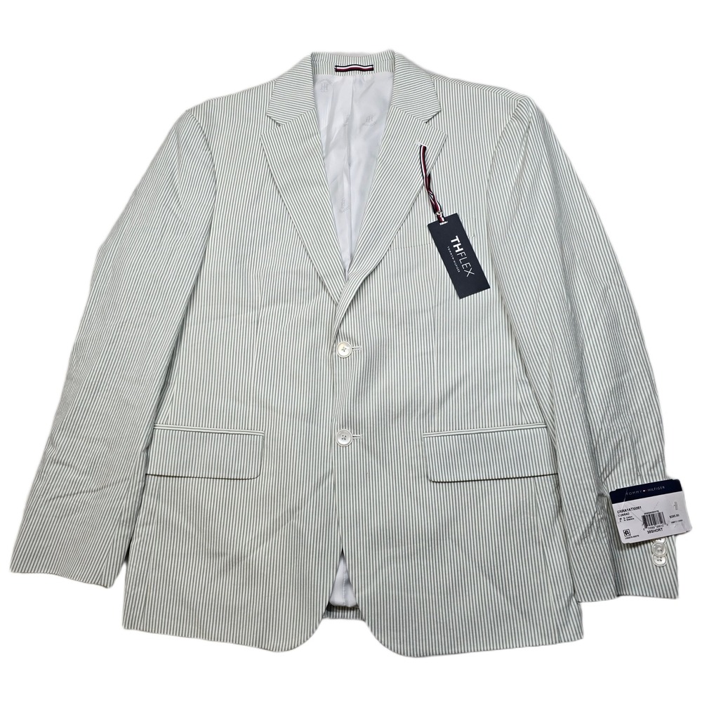 Tommy Hilfiger Seersucker Sport Coat Mens 38S 38 Green White Striped TH Flex NEW
